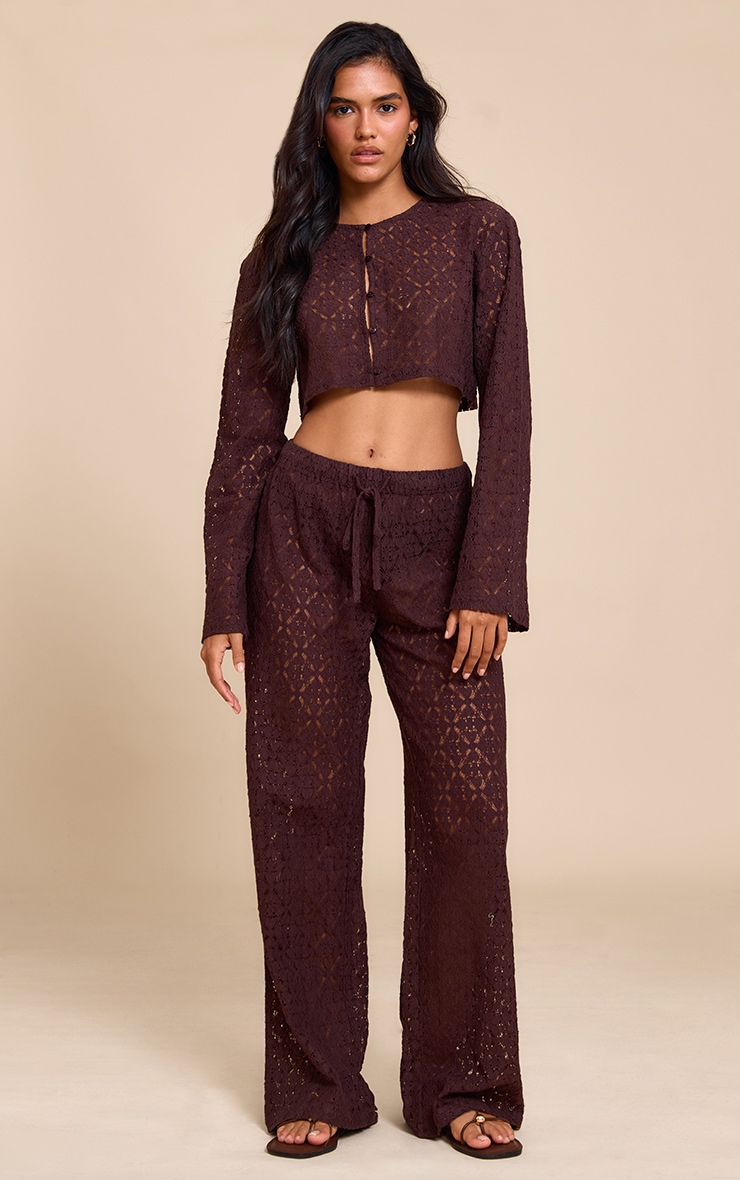 Brown Lace Button Detail Crop Top image 3