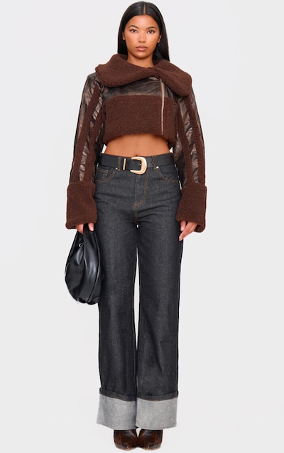 Chocolate Borg Trim Textured Look Faux Leather Aviator Jacket