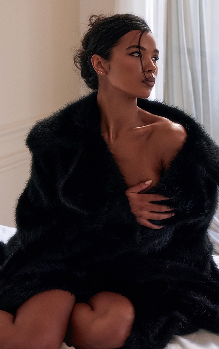 PLT Label Black Faux Fur Oversized Coat | Outerwear