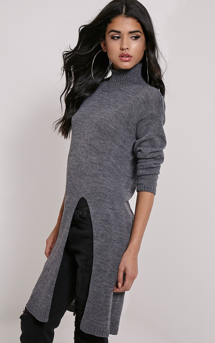 Elowen Dark Grey Flat Knit Front Split Jumper PrettyLittleThing