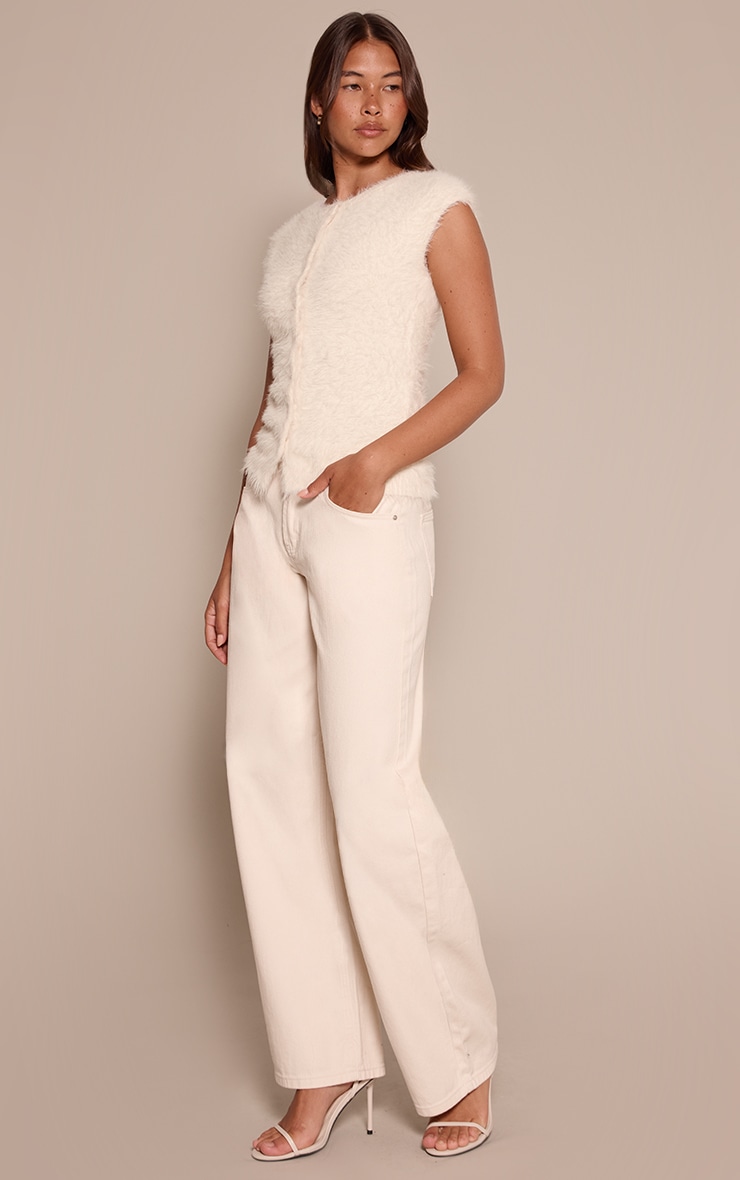 Cream Fluffy Knit Cinched Waist Short Sleeved T Shirt  image 3