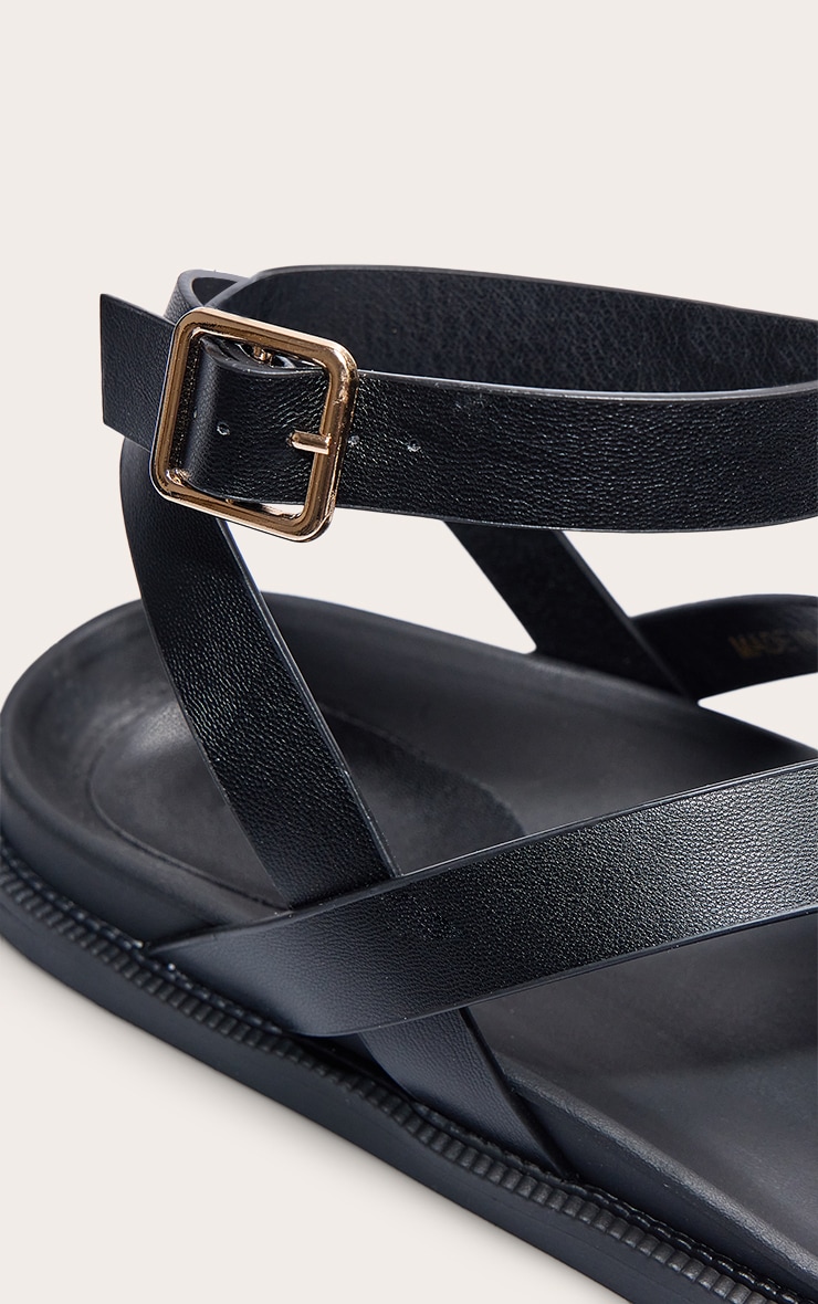Black Pu Round Toe Ankle Strap Footbed Sandals image 4