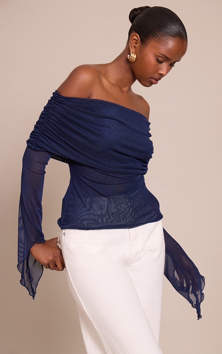 Navy Mesh Fold Over Extreme Sleeve Detail Top image 1