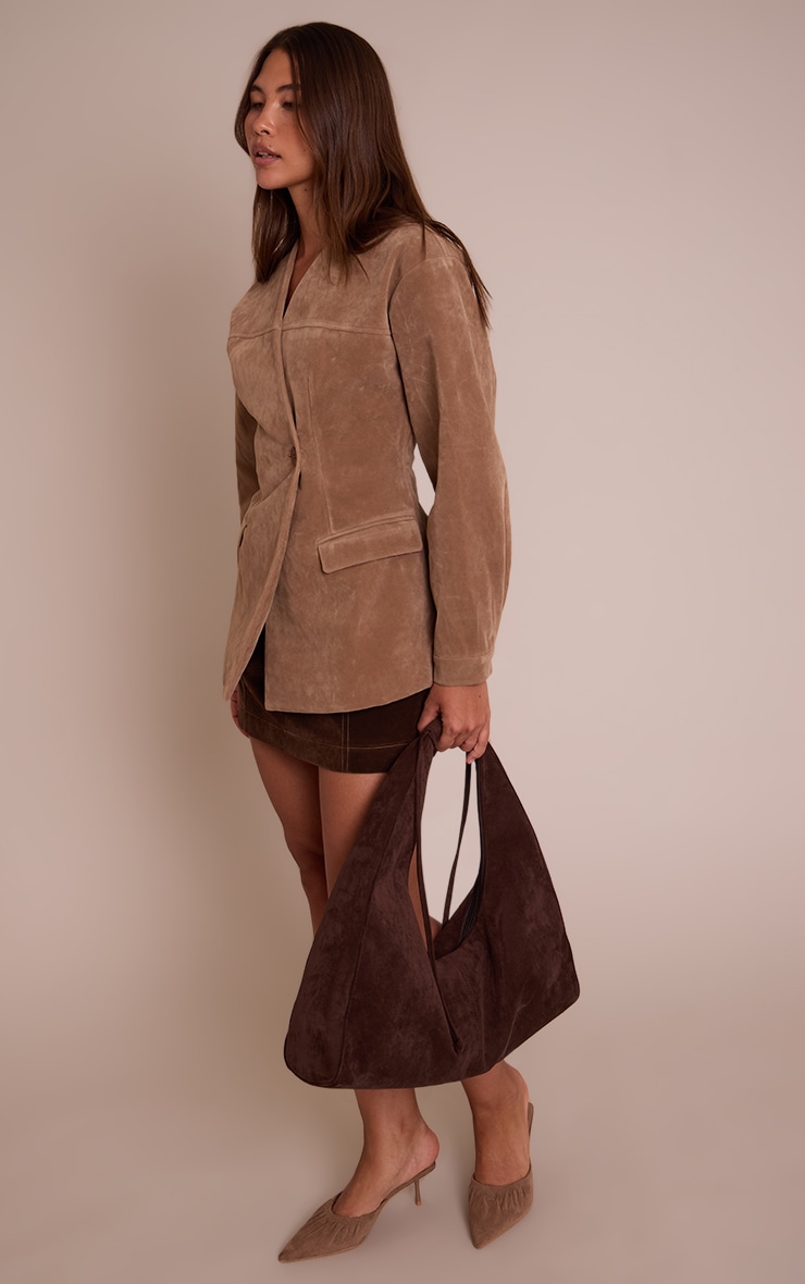 Sand Faux Suede Asymmetric Blazer image 3