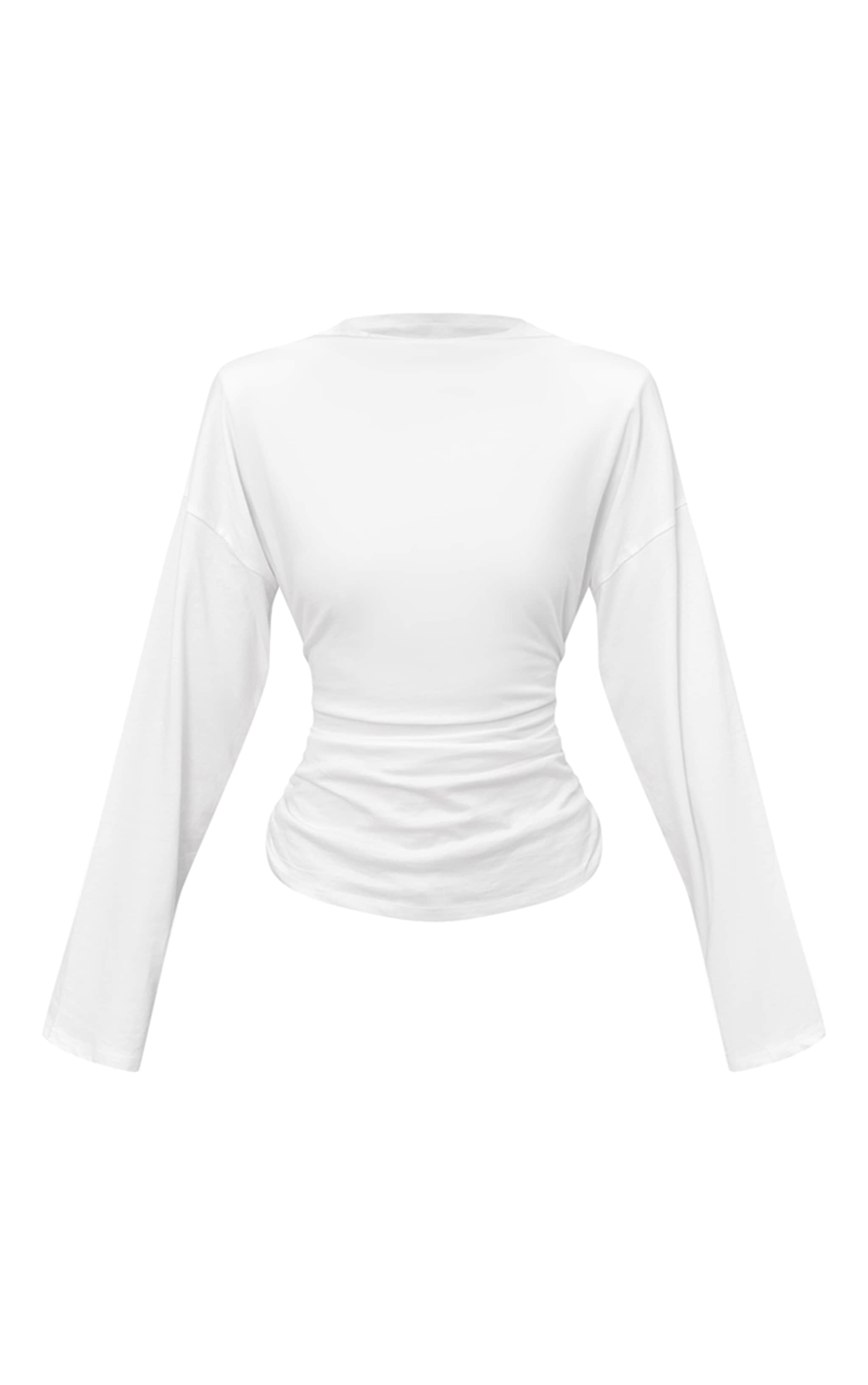 White Cotton Shoulder Detail Ruched  Long Sleeve T-Shirt  image 5