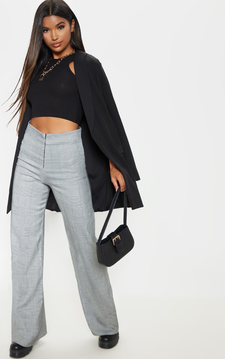 Pantalon ample effet lin à carreaux gris
