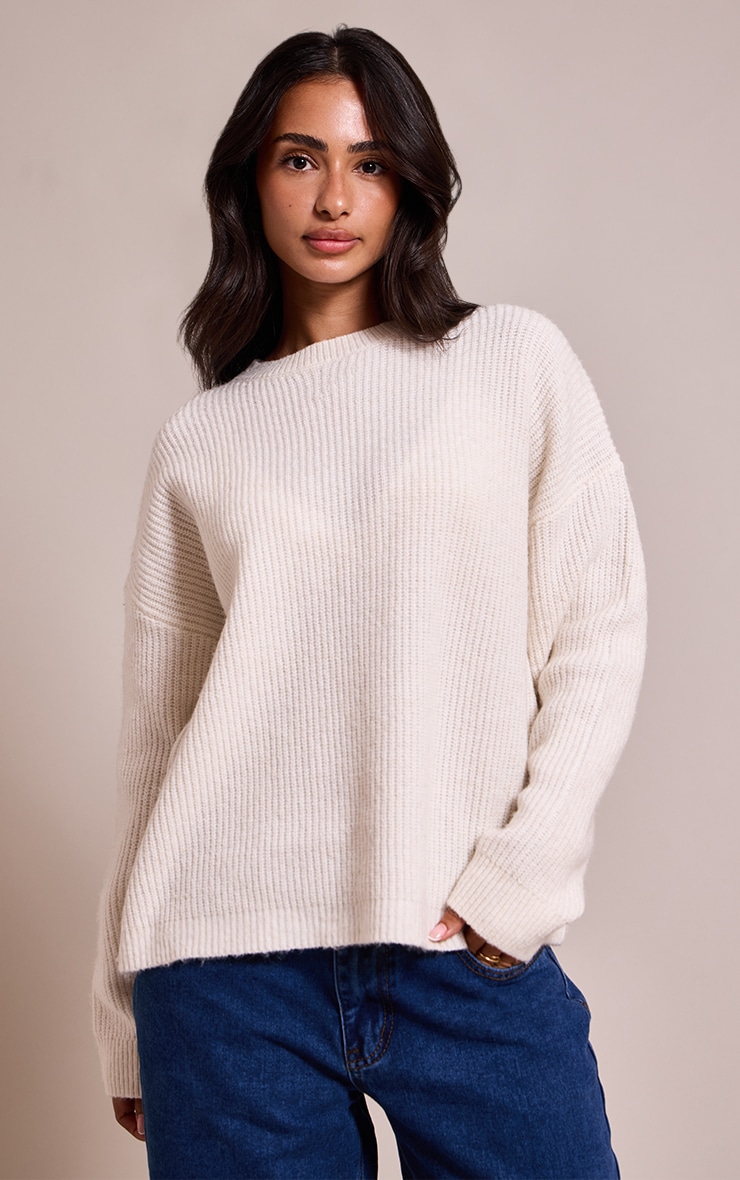 Petite Cream Round Neck Knit Raglan Sleeve Sweater image 1