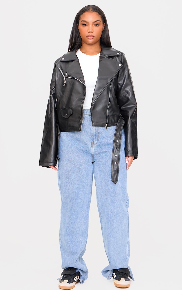 Plus Black Faux Leather Zip Detail Biker Jacket image 3