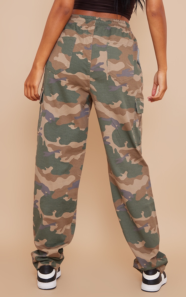 Tall Khaki Camo Tie Waist Straight Leg Cargo Trousers image 3