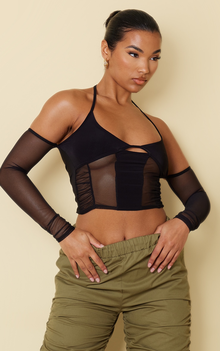 Black Mesh Panelled Halter Cold Shoulder Crop Top image 1