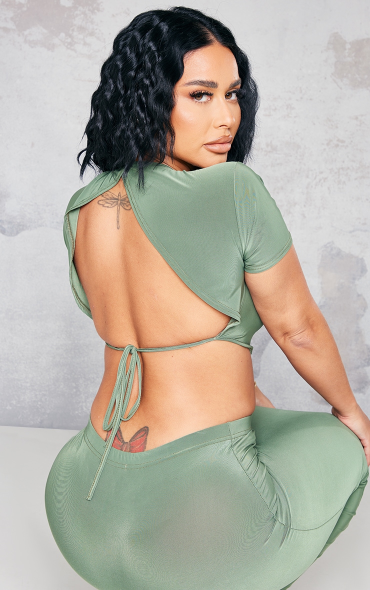 Shape Khaki Slinky Tie Back Short Sleeve Crop Top image 1