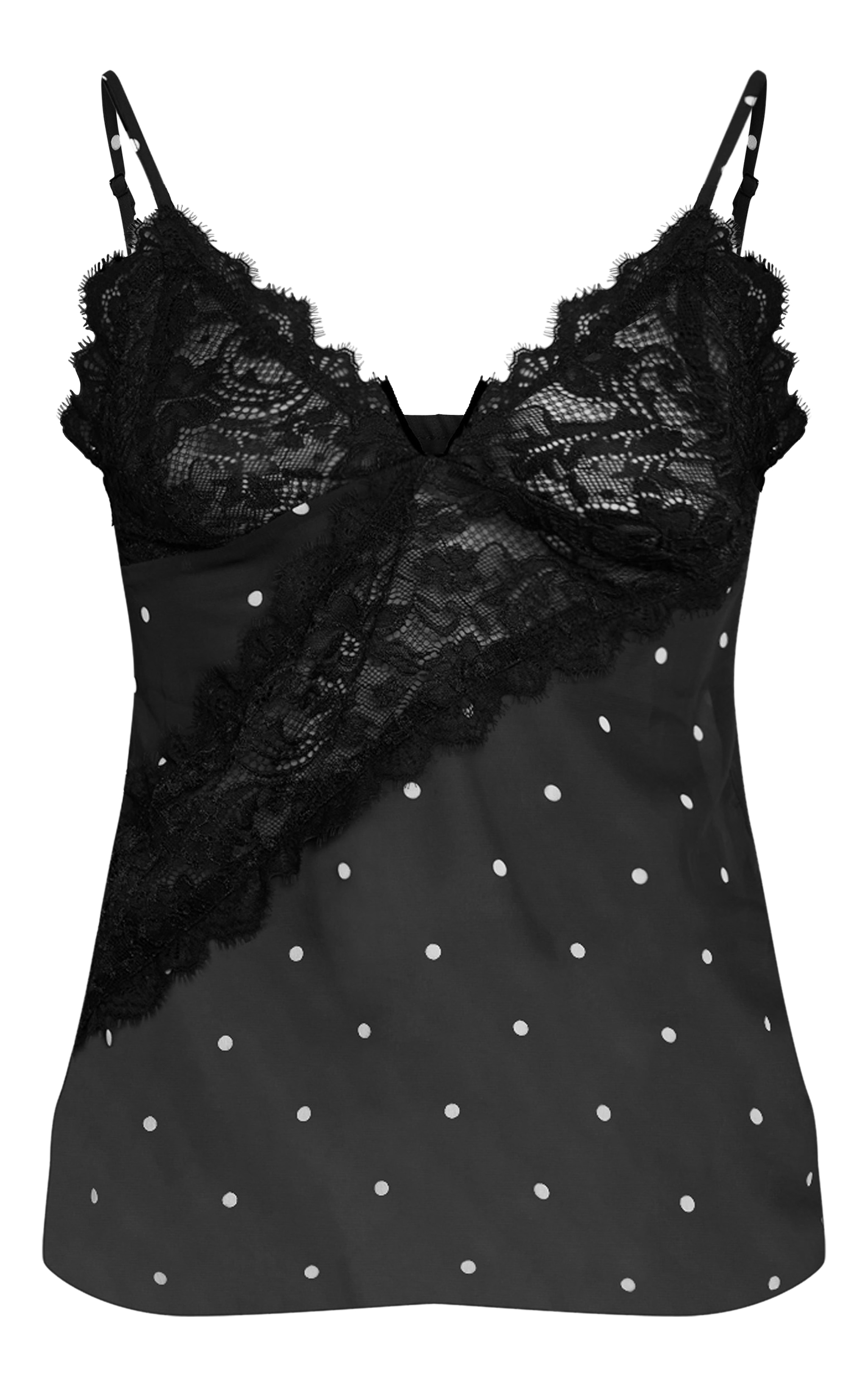 Débardeur en mousseline de soie noire à pois et parties en dentelle image 5