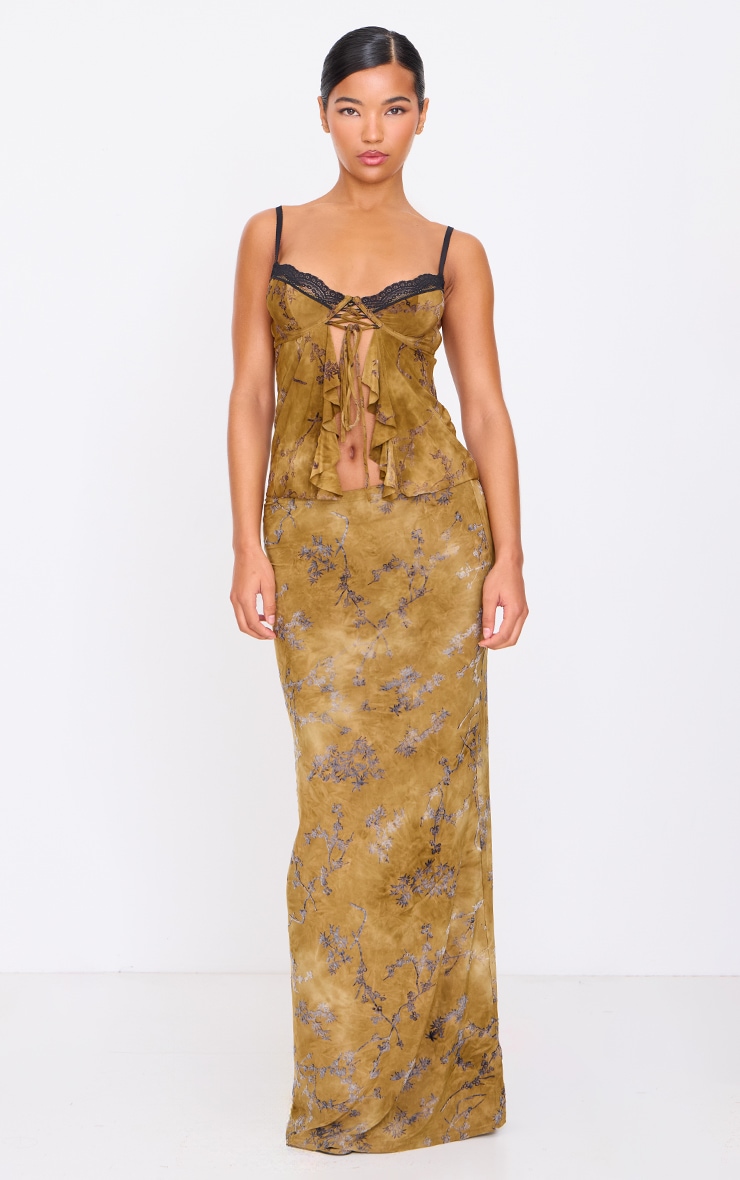 Khaki Devore Lace Trim Strappy Long Top image 3