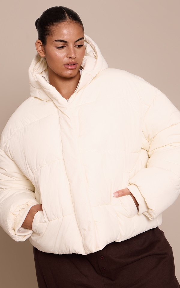 Plus Cream Cropped Drawstring Puffer Jacket
