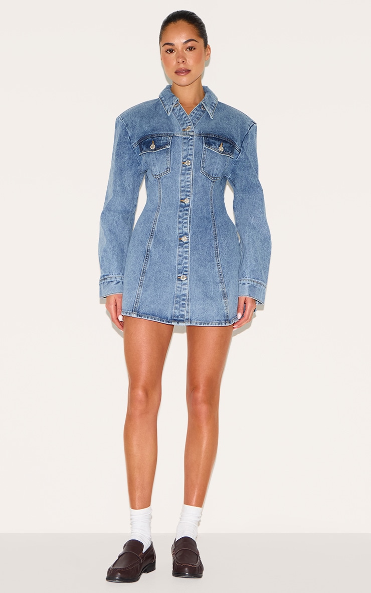 Robe chemise en jean bleu moyen délavé à taille cintrée image 3