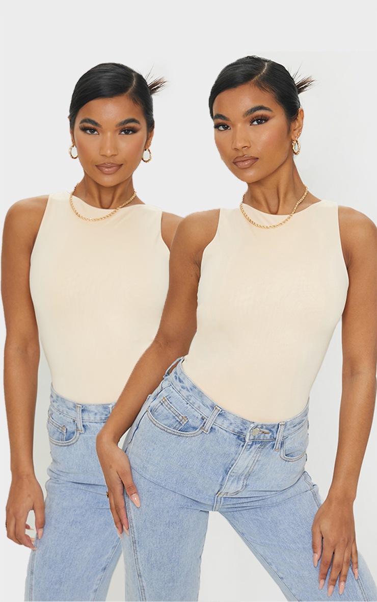 Black and Nude 2 Pack Slinky Racer Neck Bodysuit