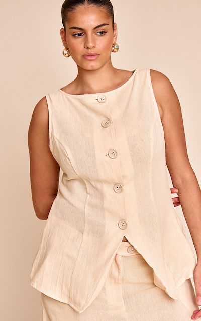 Plus Gilet en effet lin sable rayé à col bateau et boutons