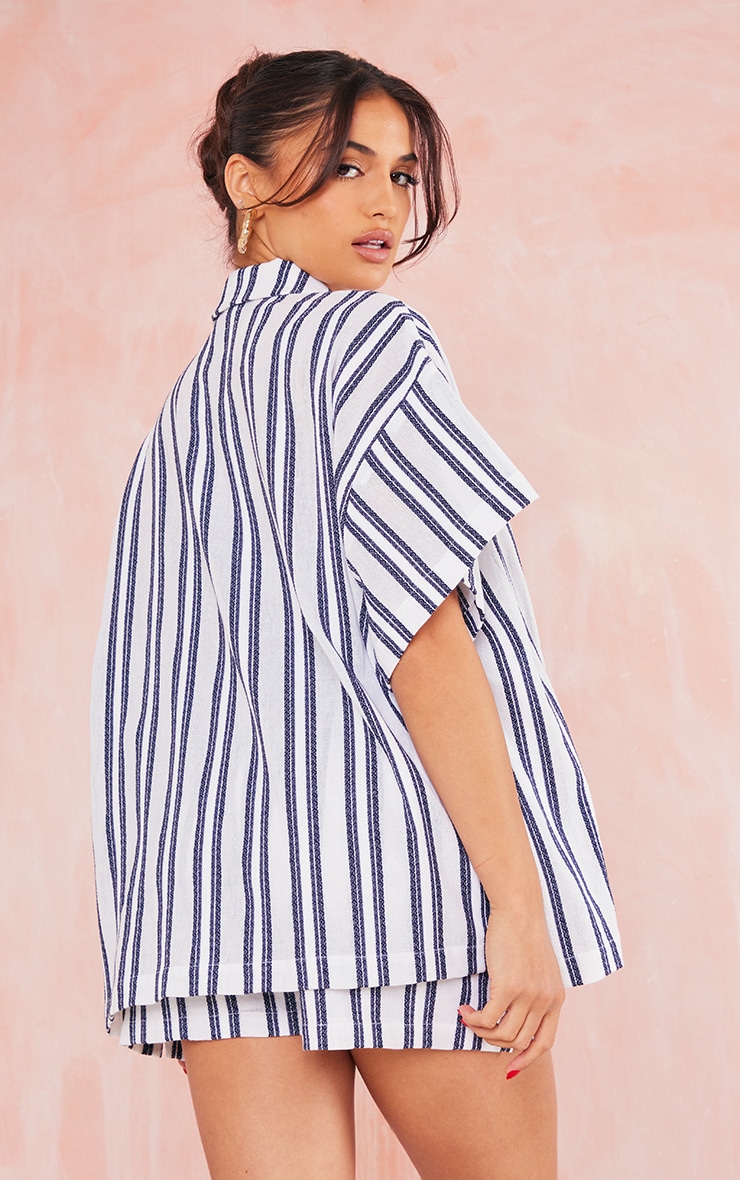 Navy Textured Linen Look Stripe Oversized Boxy Shirt image 2