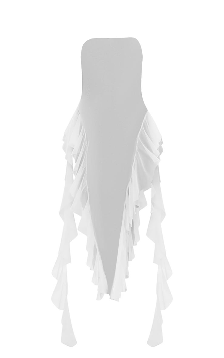 White Bandeau Mesh Ruffle Beach Dress