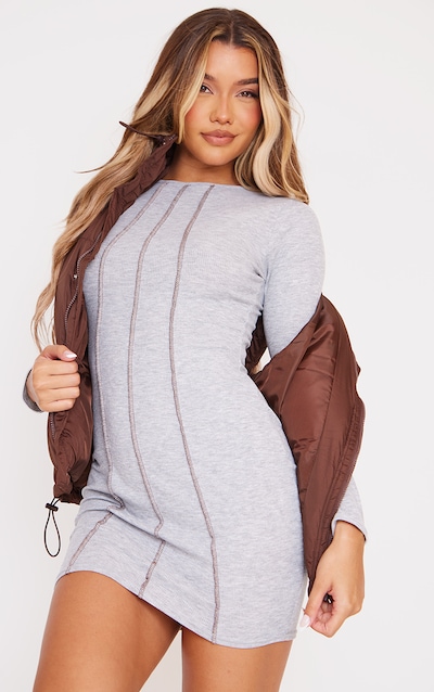 Grey Marl Rib Contrast Exposed Stitch Long Sleeve Bodycon Dress