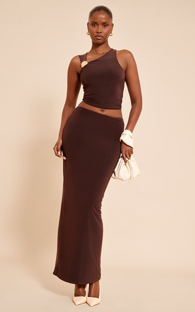 Chocolate Slinky Trim Detail Asymmetric Top image 3
