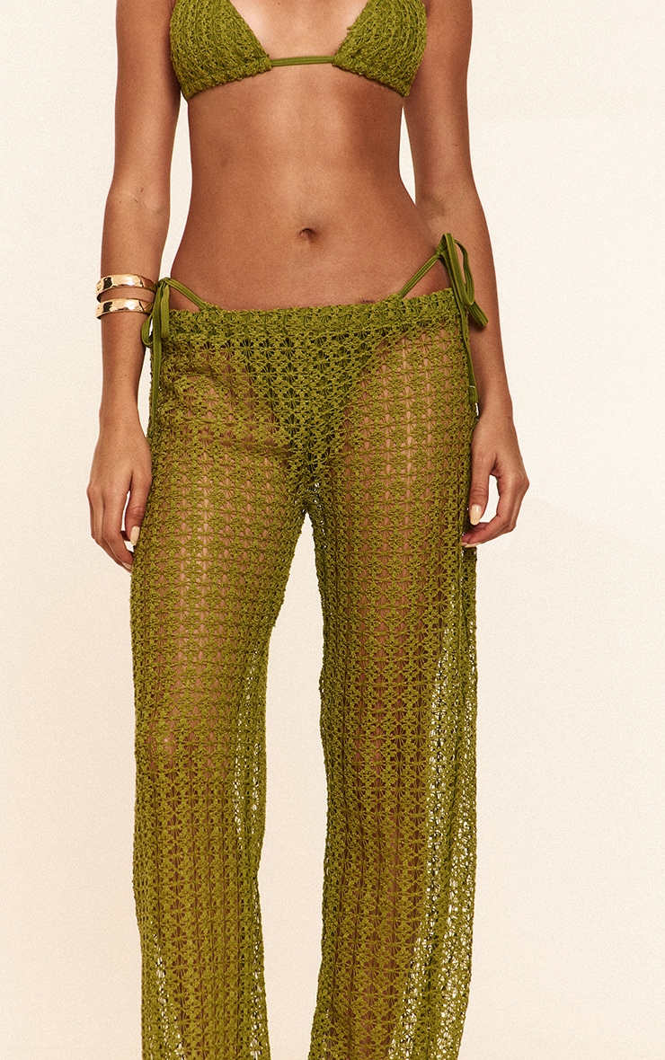 Pantalon de plage large en maille style crochet vert olive à taille basse image 4