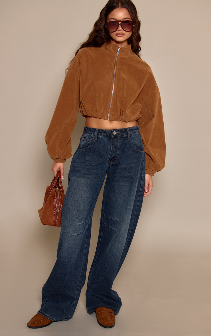 Caramel Faux Suede Cropped Bomber Jacket  image 3