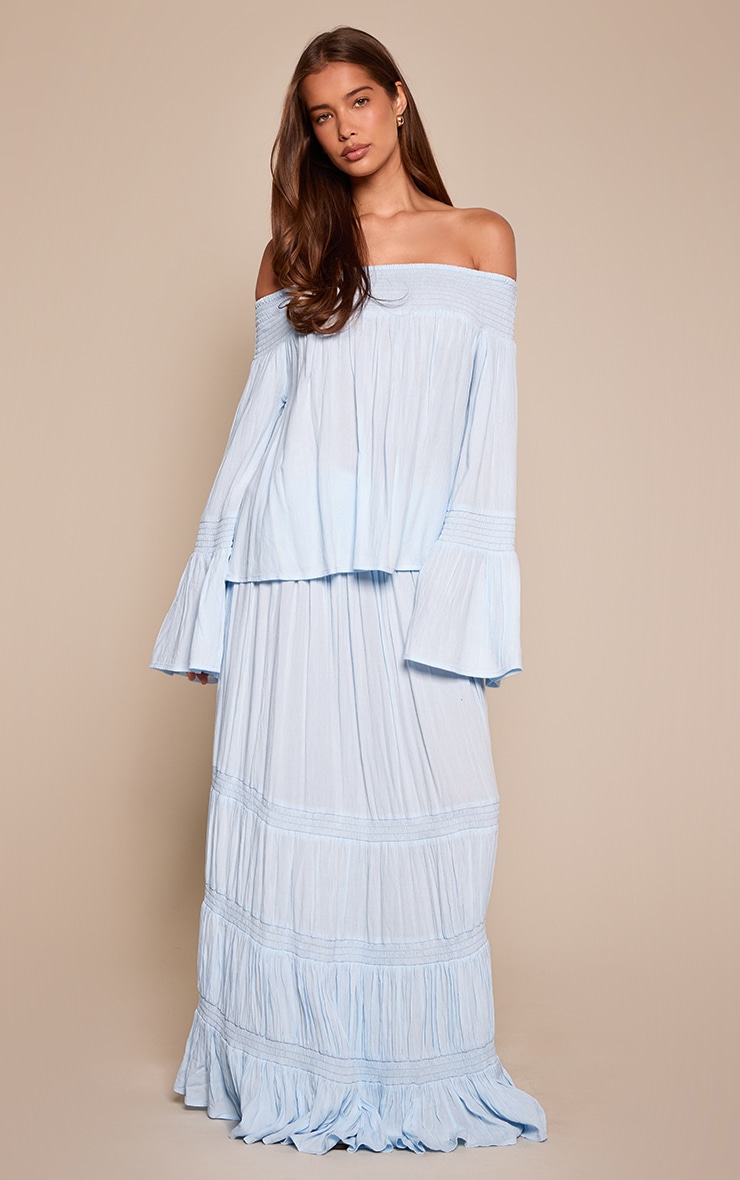 Blue Shirred Floaty Maxi Skirt