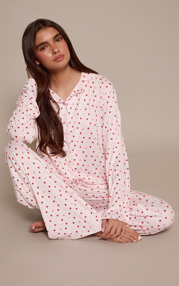 Baby Pink Multi Heart Print Long Sleeve Button Through Pj Set