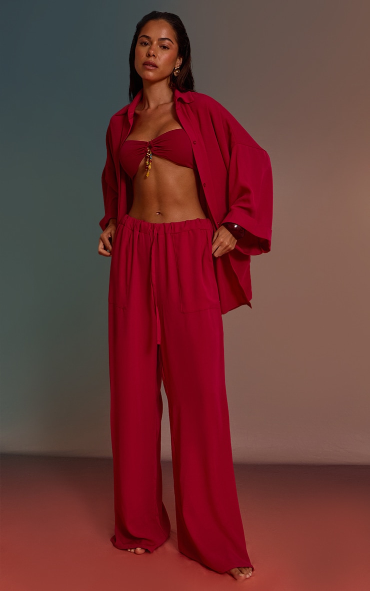 Magenta Linen Look Oversized Drop Shoulder Beach Shirt image 3