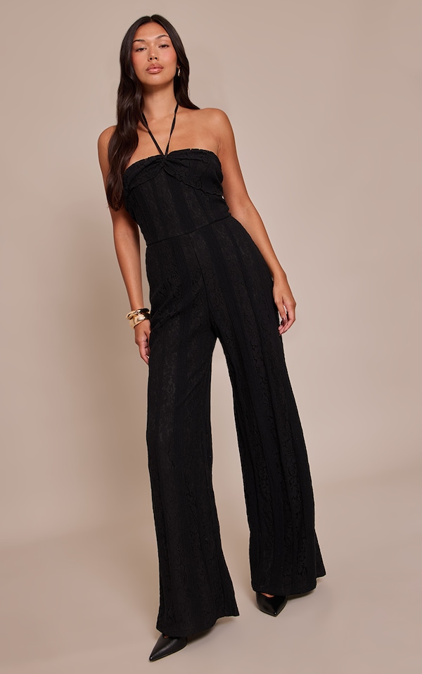 Black Lace Fold Over Straight Leg Jumpsuit