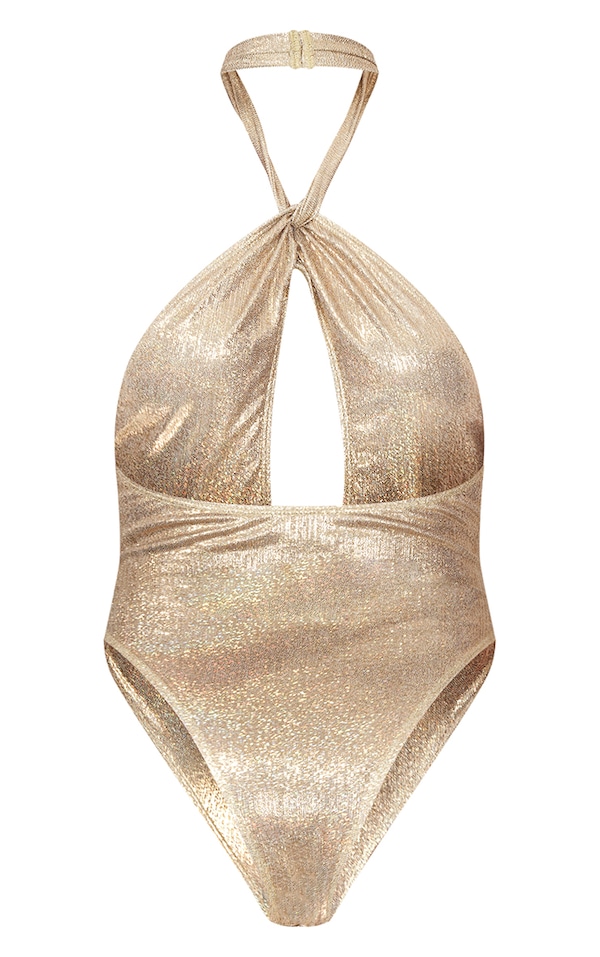 Gold Glitter Halterneck Cut Out Swimsuit PrettyLittleThing USA