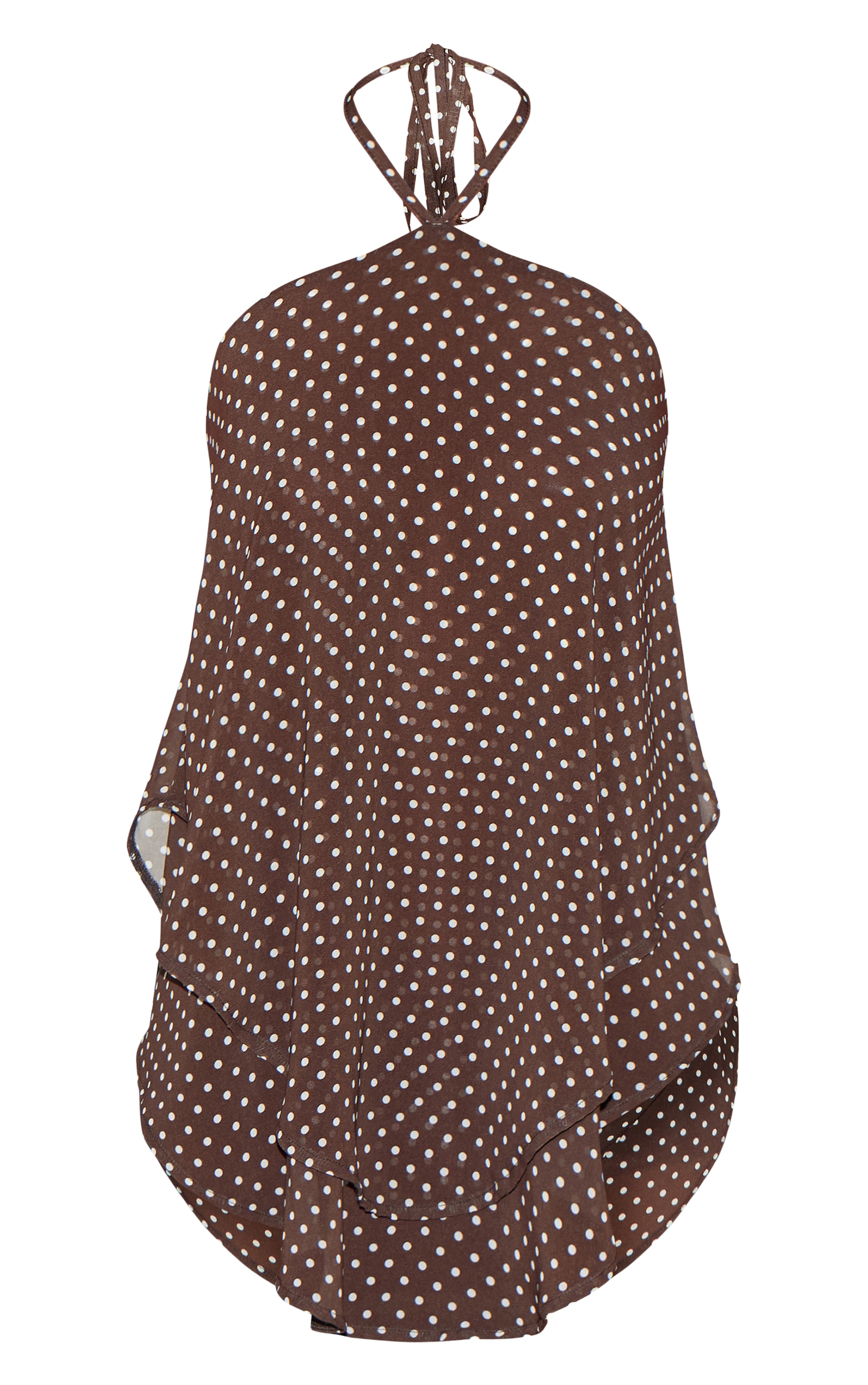 Brown Polka Dot Floaty Chiffon Halterneck Long Top image 5