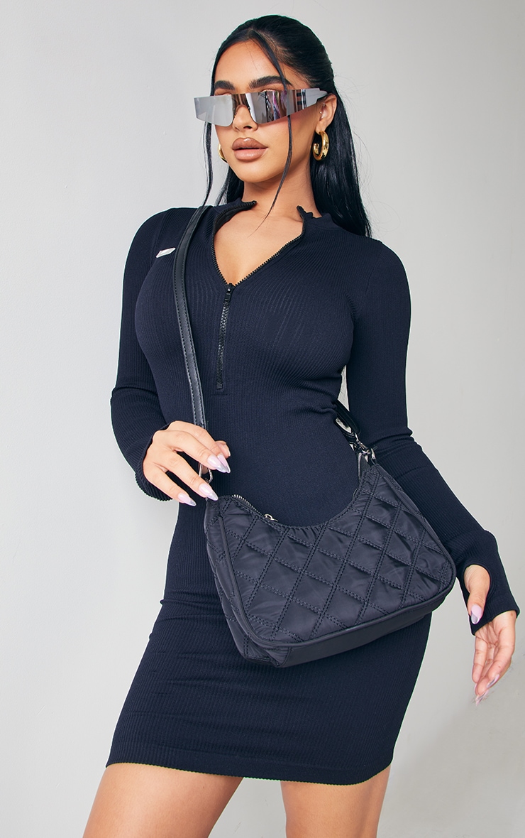 Plt Petite Black Zip Up Snatched Rib Bodycon Dress PrettyLittleThing