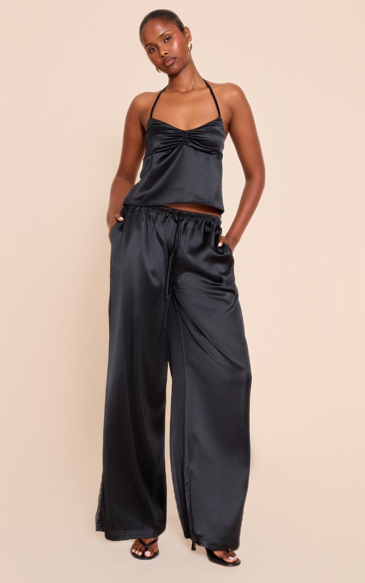 Black Satin Ruched Backless Tie Cami Top image 3