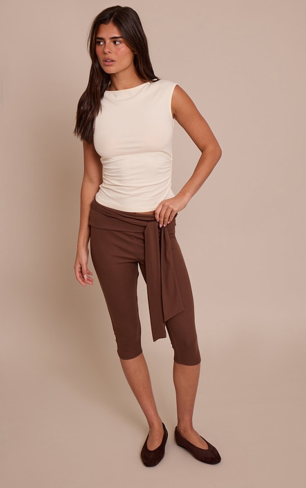 Pantalon capri très doux marron à détail noué sur la taille