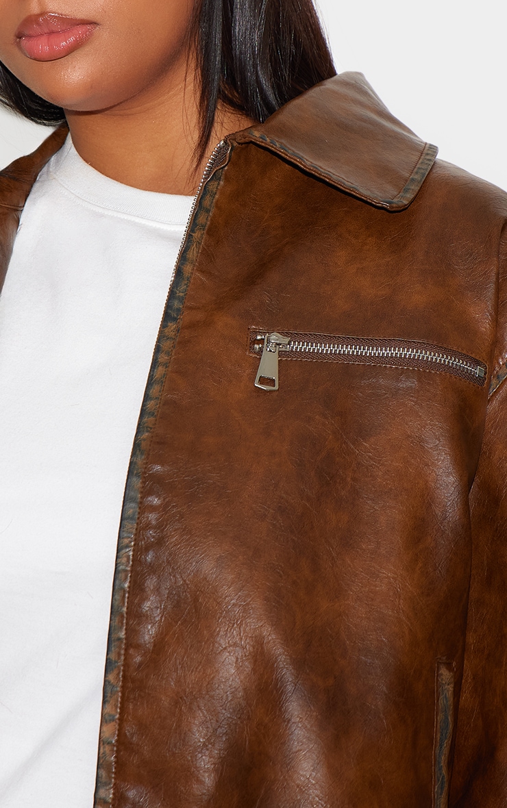 Plus Brown Zip Up Faux Leather Jacket image 4