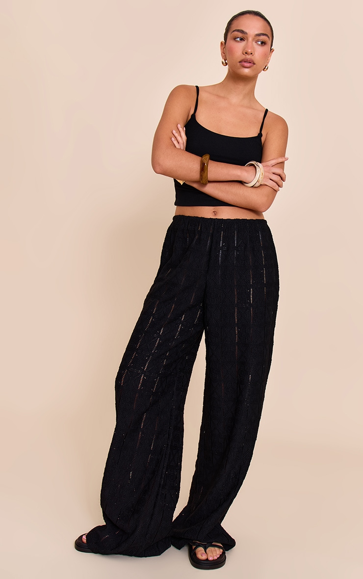 Black Crochet Textured Wide Leg Pants image 3