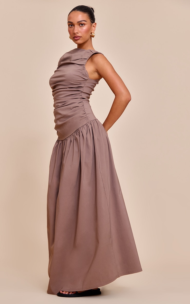 Taupe Stretch Woven Ruched Detail Drop Waist Maxi Dress image 3