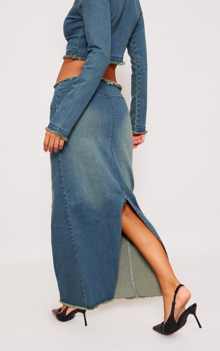 Indigo Blue Wash Raw Hem Denim Maxi Skirt image 3