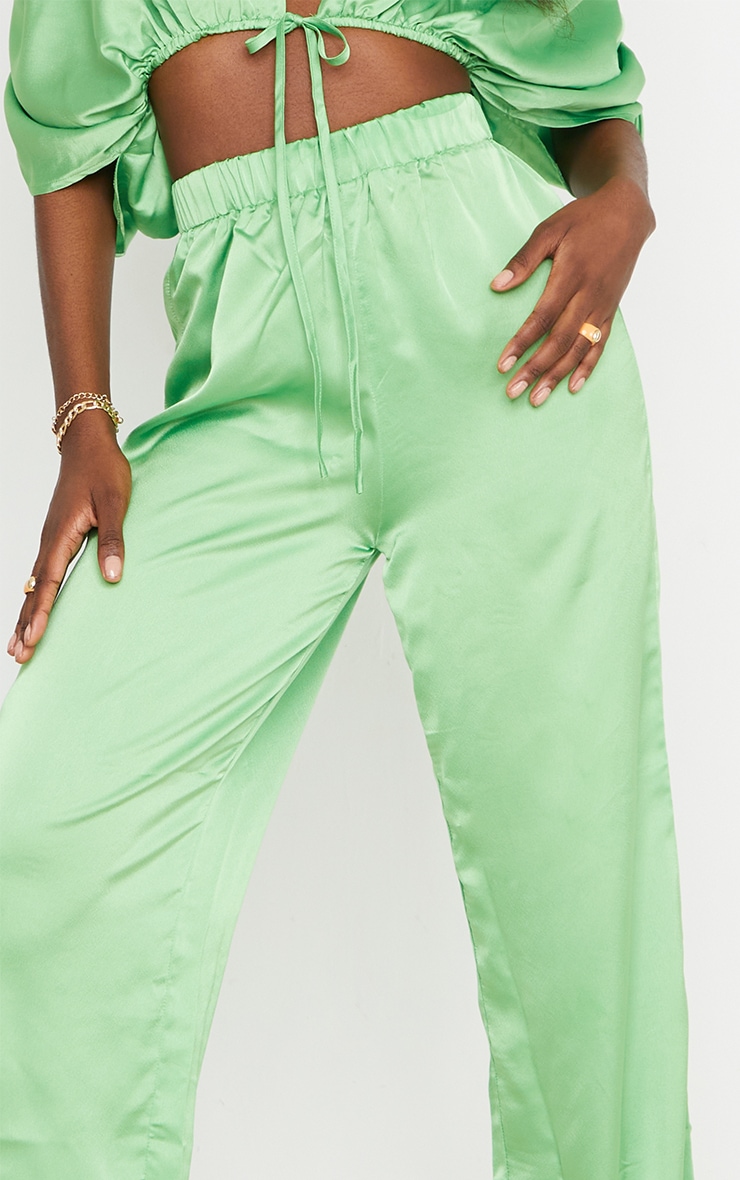 Tall Green Satin High Waisted Ruched Wide Leg Trousers image 4