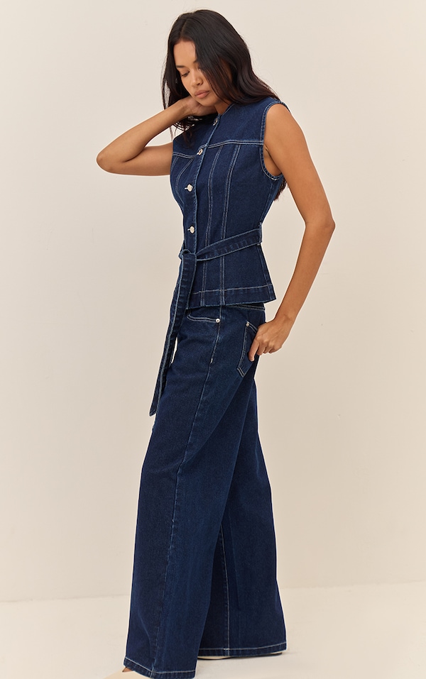 Jean large indigo à taille mi-haute