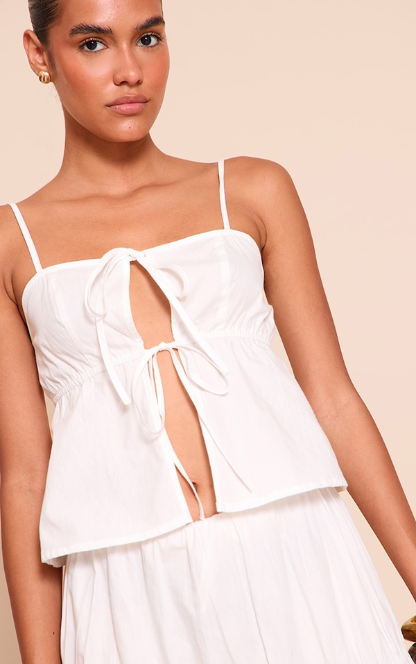 White Cotton Poplin Tie Front Cami Top