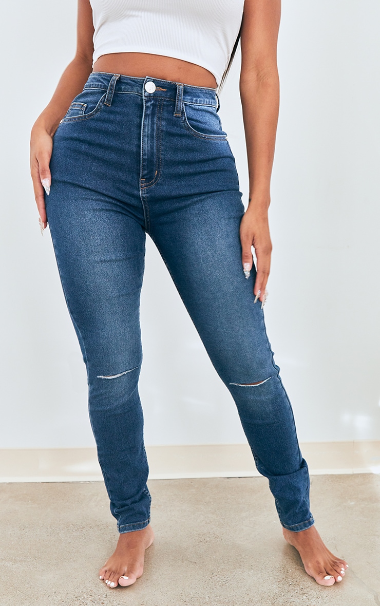 PRETTYLITTLETHING Shape Mid Blue Wash Knee Rip Skinny Jeans image 2