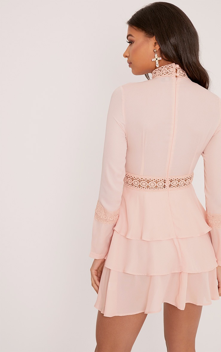 Hope Dusty Pink Crochet Lace High Neck Ruffle Swing Dress