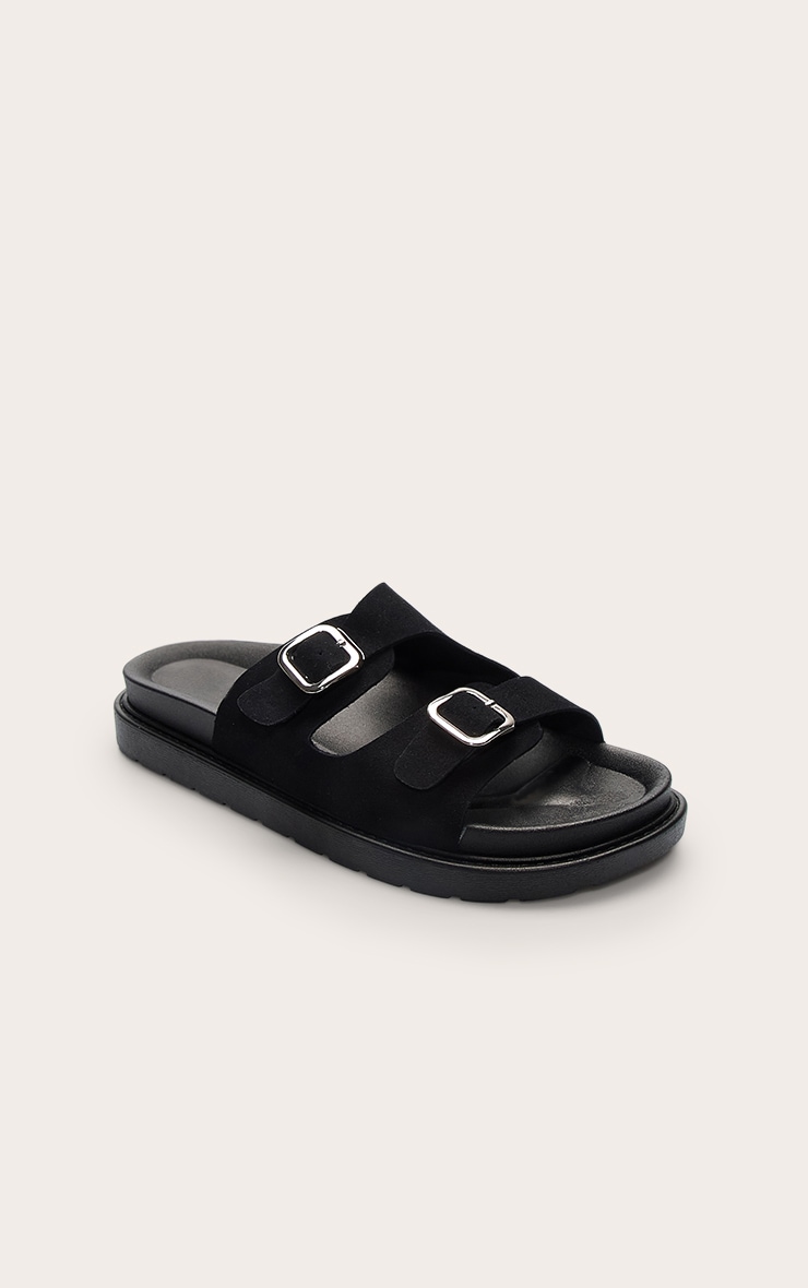Black Faux Suede Double Buckle Footbed Sandals image 2