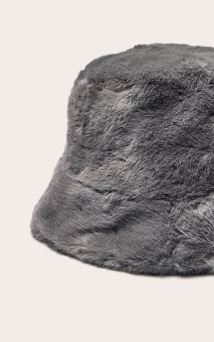 Grey Faux Fur Bucket Hat image 3