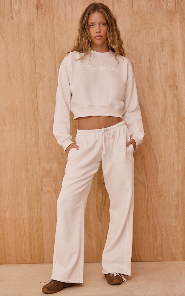 Cream Sports Club Print Wide Leg Sweatpants