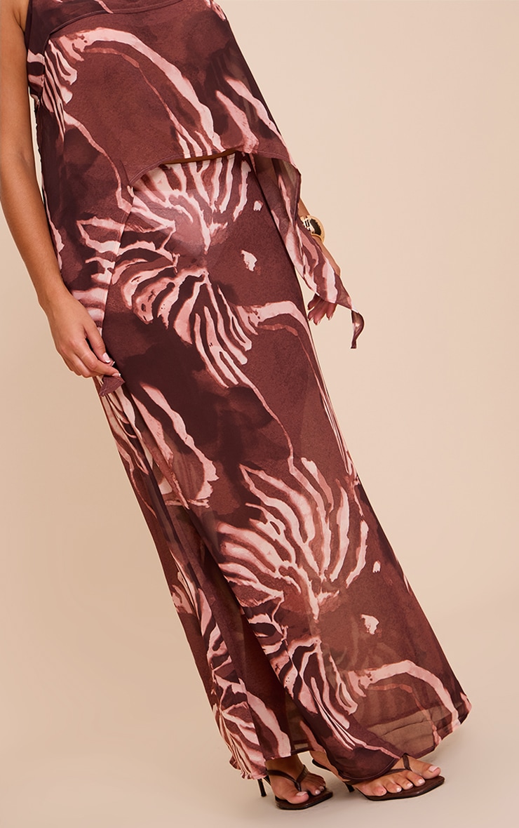 Plus Brown Chiffon Floral Mid Rise Tie Side Maxi Skirt image 2