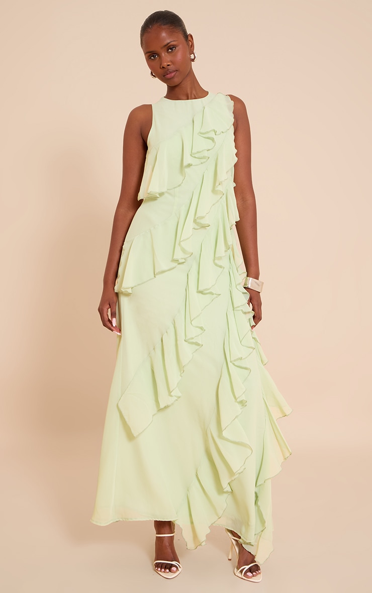  Sage Boat Neck Frill Detail Sleeveless Maxi Dress image 1